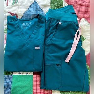 Womens Figs Scrubs Turquoise with pink ties